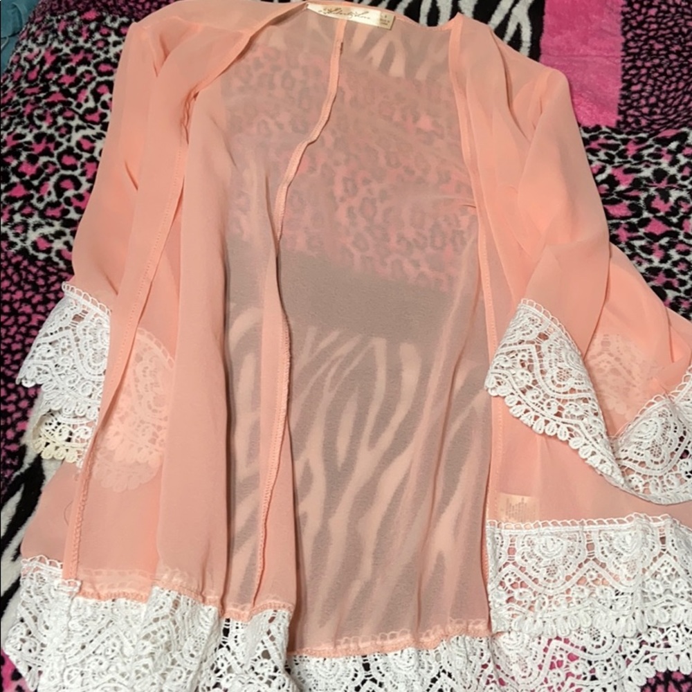 Coral pink mesh/lace cardigan